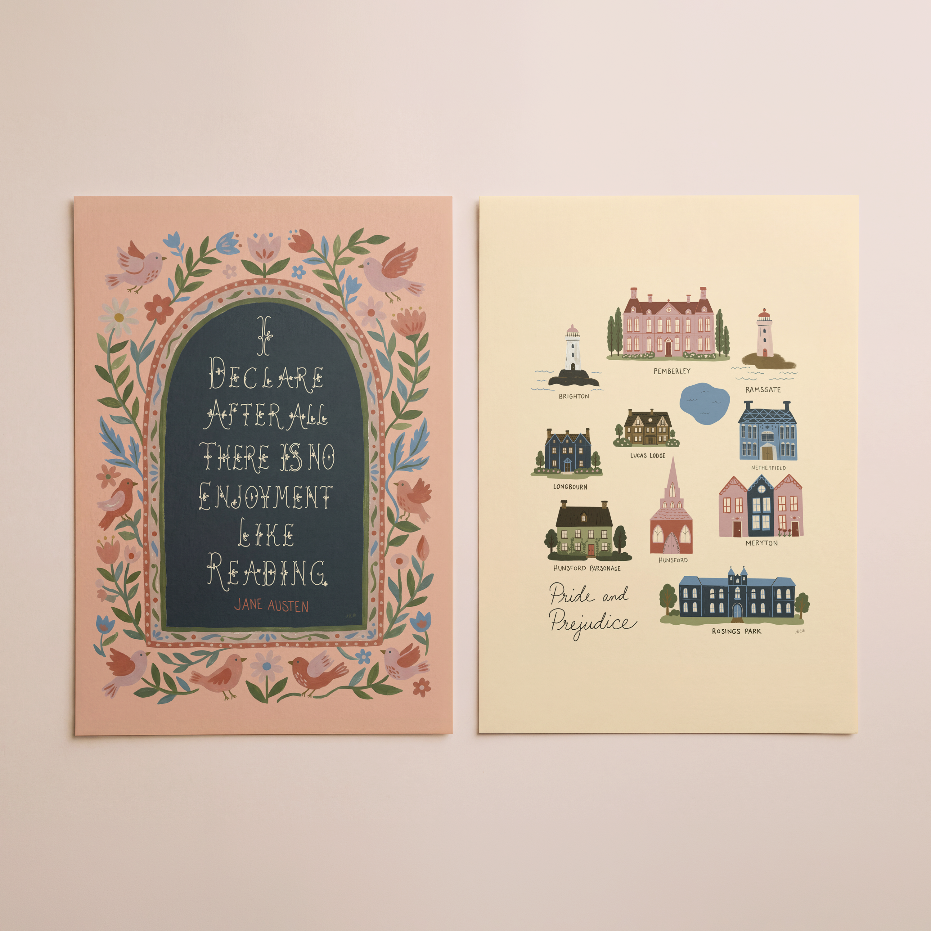 Two illustrated art prints displayed side by side on a warm beige wall. The left print has a peach border with a dark central panel and floral decoration, featuring the quote, 'Declare after me there is no enjoyment like reading' by John Austin.
