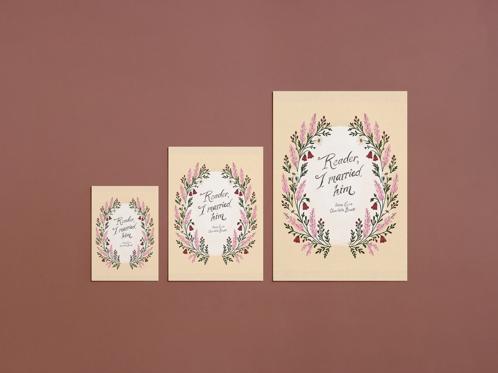 “Reader, I married him.” A folk art print of a hand entwined in wildflowers from the moors, inspired by Charlotte Brontë’s Jane Eyre.